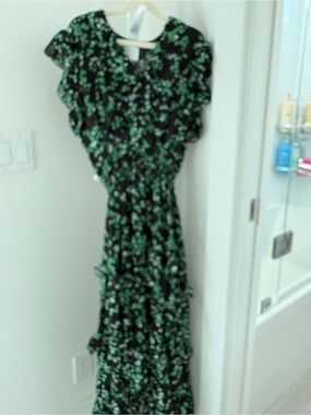 Misa Los Angeles Black Maxi Dress with Green Floral Print